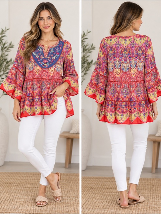 John Mark Tops - John Mark 1X Colorful Boho Paisley Embroidered Tunic Top